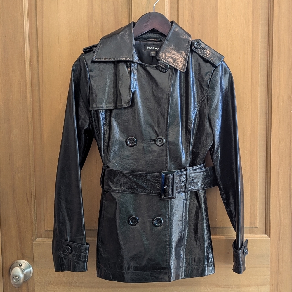 Real Leather Glossy Black Mid Length Trenchcoat